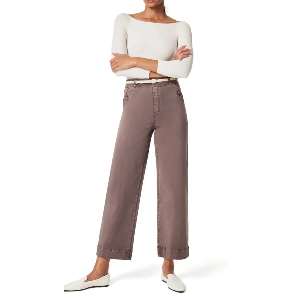 SPANX Stretch Twill Wide Leg Crop Pants High Rise Mauve Brown Small - Picture 2 of 12